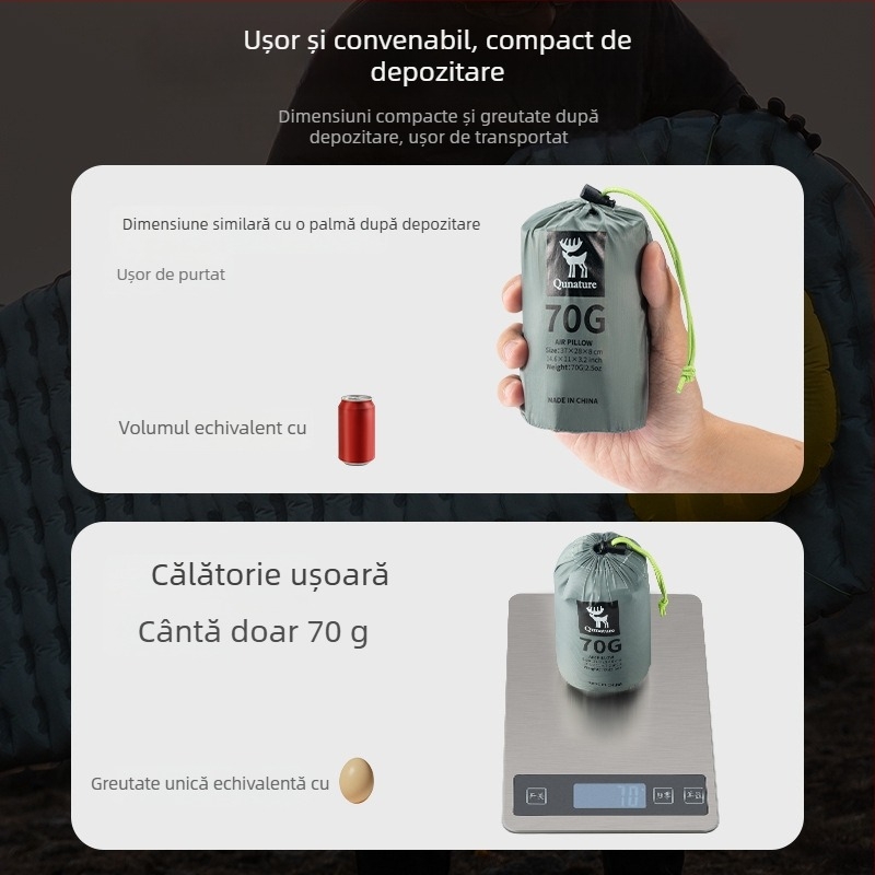 RockBros pernă gonflabilă pentru exterior – pernă de călătorie portabilă, ușoară pentru camping, material 20d nylon + strat TPU, personalizare disponibilă