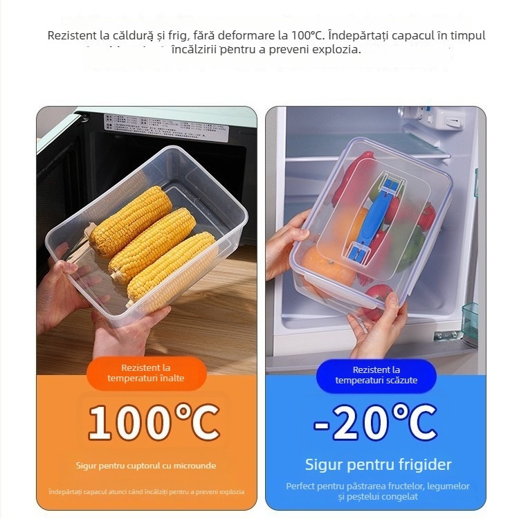 Cutie plastic sigilată pentru frigider, pentru păstrarea legumelor; de calitate alimentară, rezistentă la temperaturi ridicate și congelare