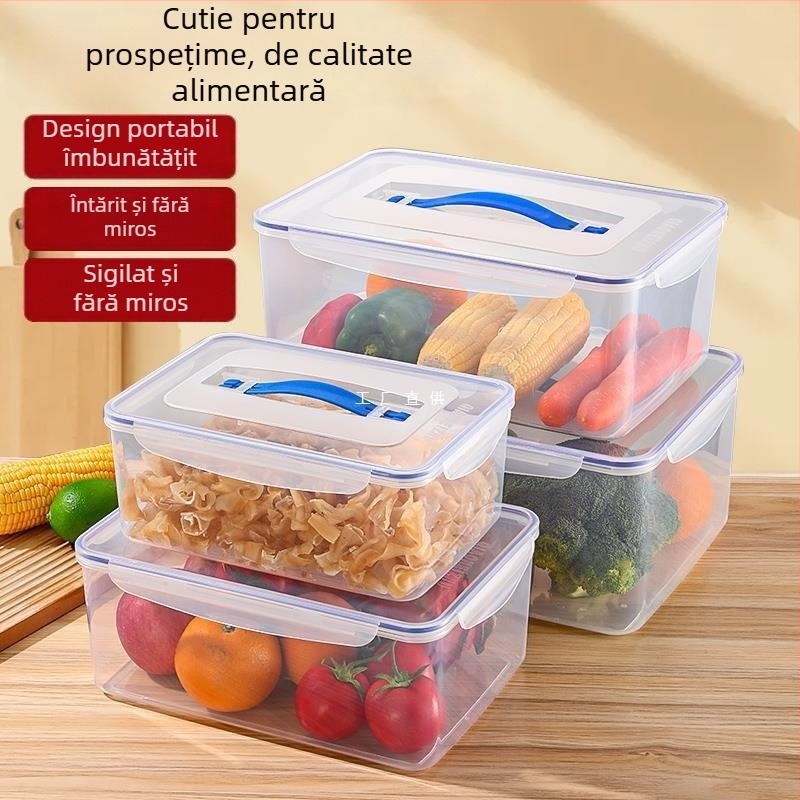 Cutie plastic sigilată pentru frigider, pentru păstrarea legumelor; de calitate alimentară, rezistentă la temperaturi ridicate și congelare