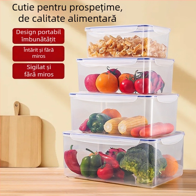 Cutie plastic sigilată pentru frigider, pentru păstrarea legumelor; de calitate alimentară, rezistentă la temperaturi ridicate și congelare