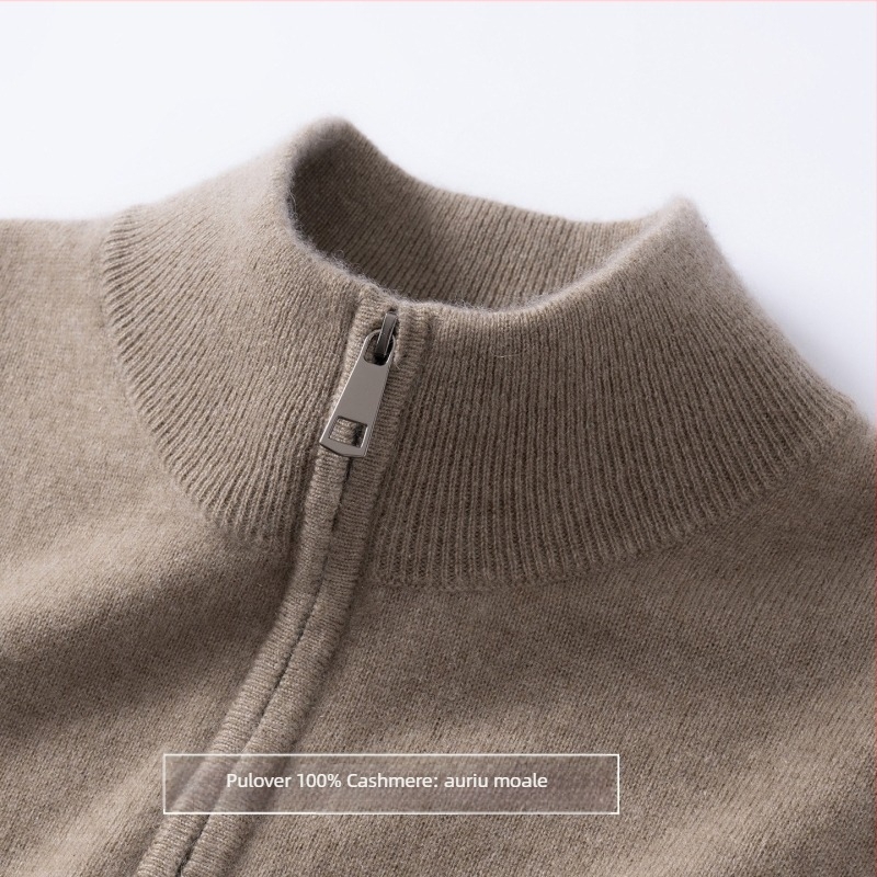 Pulover bărbătesc din cașmir cu fermoar parțial, croială lejeră, guler semi-turtleneck, mâneci lungi, cașmir pur