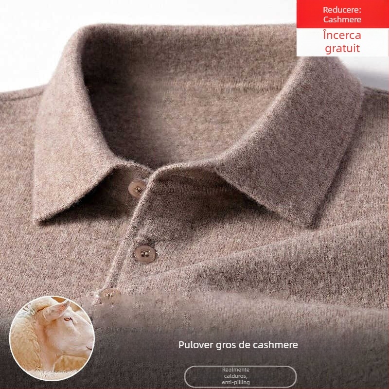 Pulover de cașmir pentru bărbați, guler rever, croială lejeră, mâneci lungi, uni, 95% cașmir