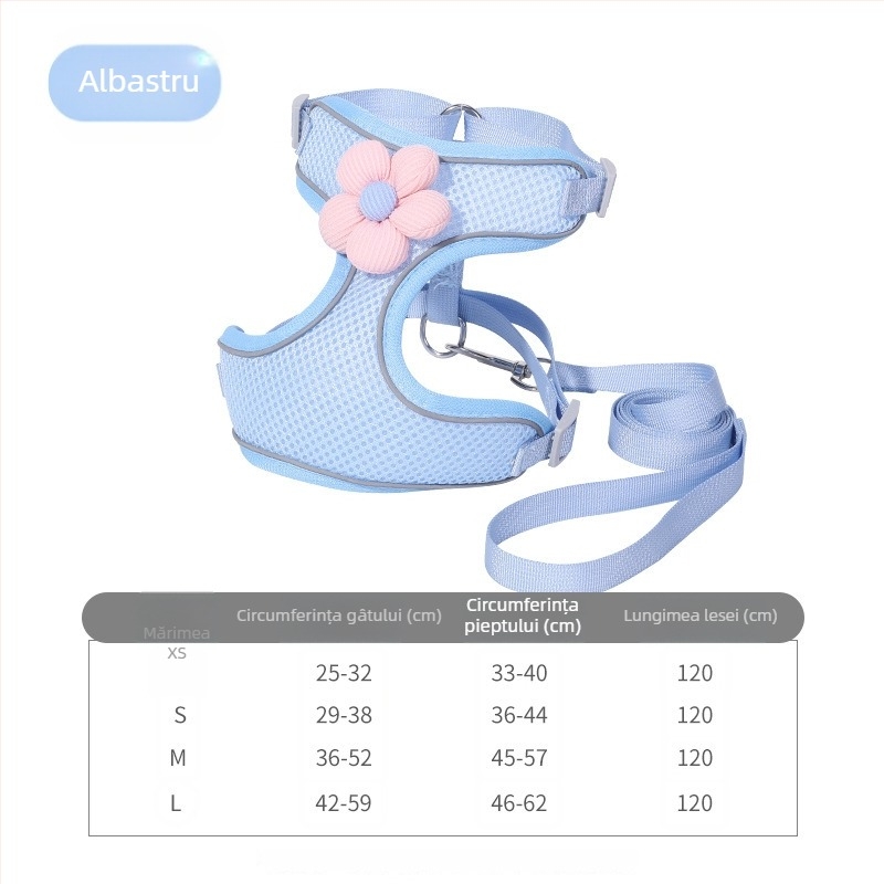 Harnasă pentru pisici cu model floral 3D, lesă reglabilă pentru plimbare, ham toracic rezistent la rupere