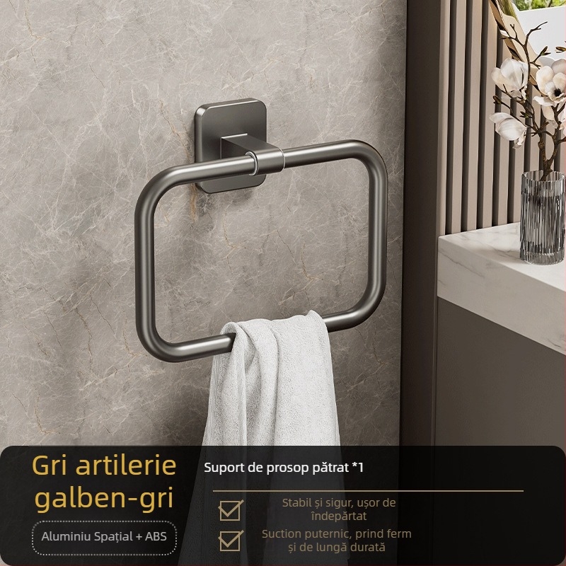 Inel de prosoape pentru baie, fără găuri, design rotund sau pătrat, din aluminiu Space și plastic, montaj pe perete, încărcare 2,5 kg