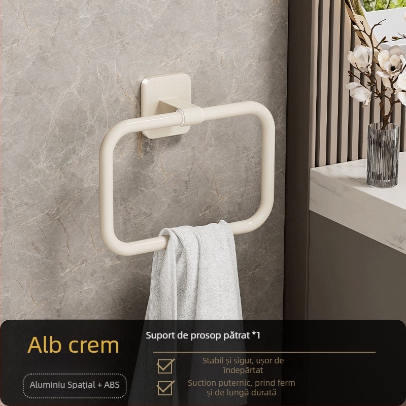 Inel de prosoape pentru baie, fără găuri, design rotund sau pătrat, din aluminiu Space și plastic, montaj pe perete, încărcare 2,5 kg