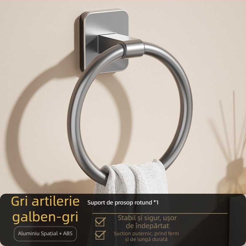 Inel de prosoape pentru baie, fără găuri, design rotund sau pătrat, din aluminiu Space și plastic, montaj pe perete, încărcare 2,5 kg