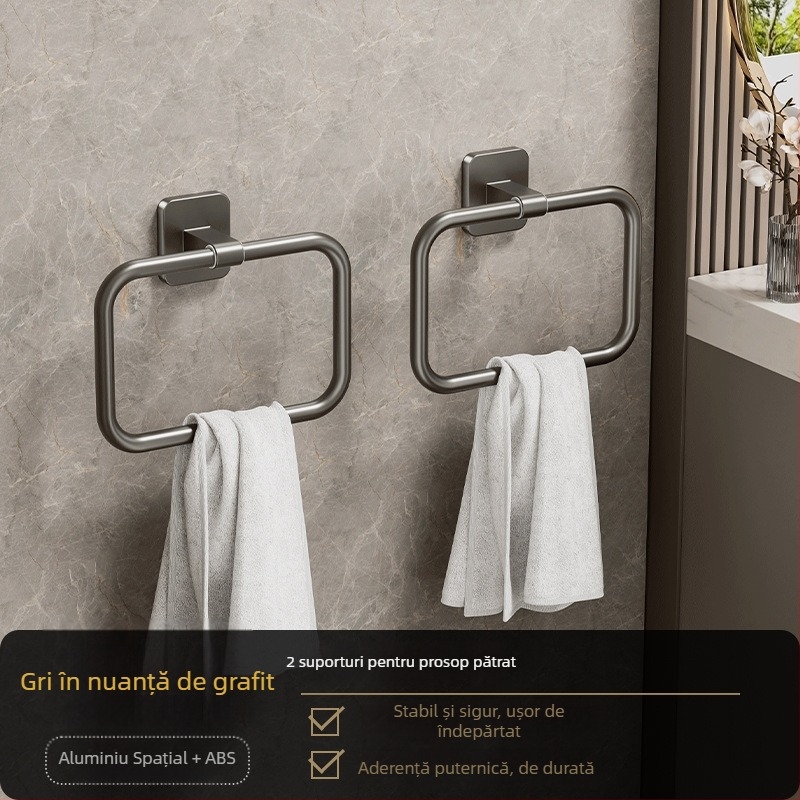 Inel de prosoape pentru baie, fără găuri, design rotund sau pătrat, din aluminiu Space și plastic, montaj pe perete, încărcare 2,5 kg