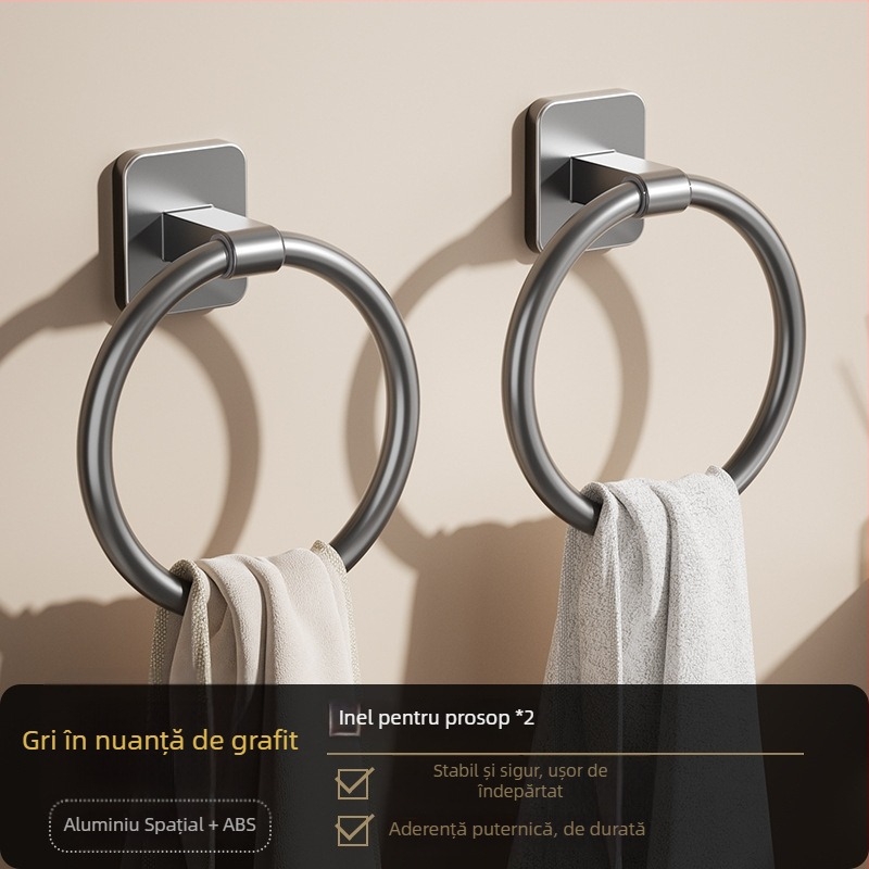 Inel de prosoape pentru baie, fără găuri, design rotund sau pătrat, din aluminiu Space și plastic, montaj pe perete, încărcare 2,5 kg
