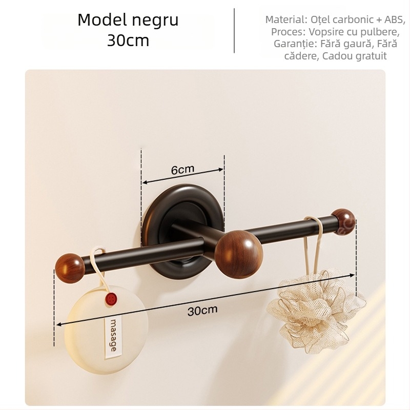 Bară de prosoape din oțel de carbon, montaj fără găuri, rezistent la coroziune, încărcare 15 kg, finisaj Bake Paint