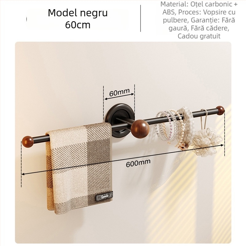 Bară de prosoape din oțel de carbon, montaj fără găuri, rezistent la coroziune, încărcare 15 kg, finisaj Bake Paint