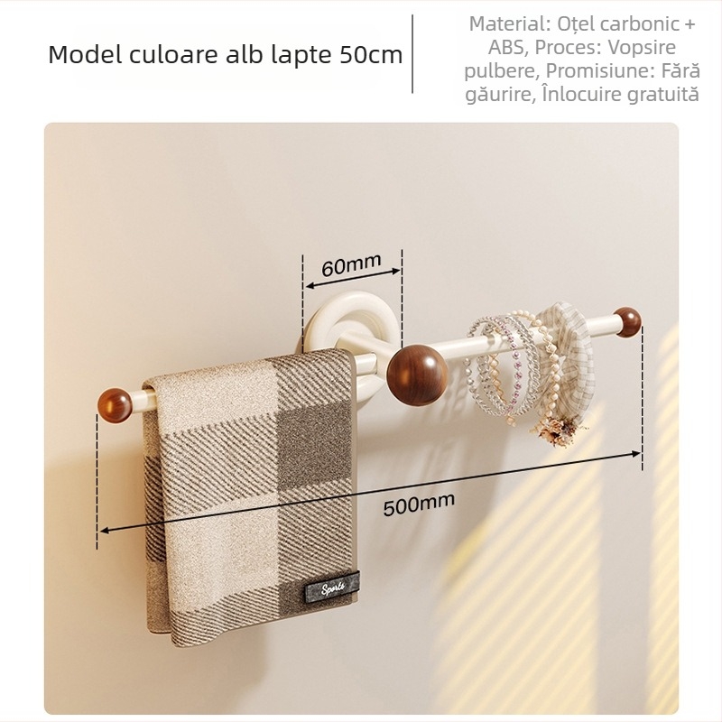 Bară de prosoape din oțel de carbon, montaj fără găuri, rezistent la coroziune, încărcare 15 kg, finisaj Bake Paint