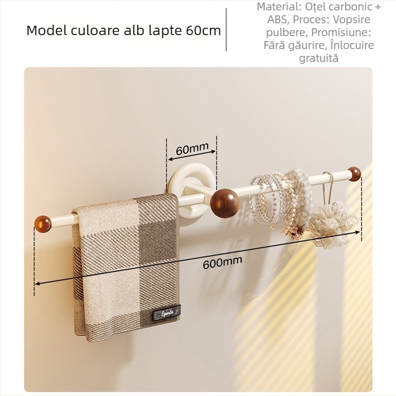 Bară de prosoape din oțel de carbon, montaj fără găuri, rezistent la coroziune, încărcare 15 kg, finisaj Bake Paint