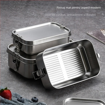 Cutie de prânz din oțel inox 304, pătrată, compatibilă cu microunde, stil minimalist japonez, capacitate 1–2 L