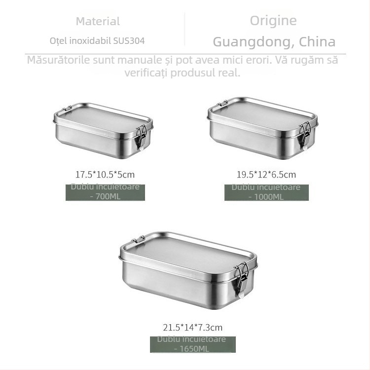 Cutie de prânz din oțel inox 304, pătrată, compatibilă cu microunde, stil minimalist japonez, capacitate 1–2 L