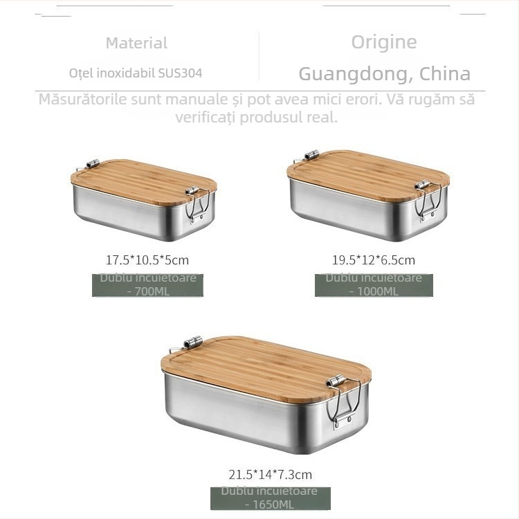Cutie de prânz din oțel inox 304, pătrată, compatibilă cu microunde, stil minimalist japonez, capacitate 1–2 L