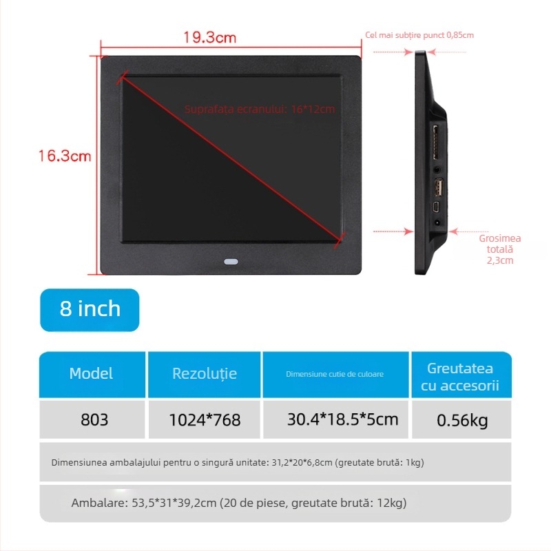 Ramă foto digitală pentru reclamă – 1024×600, LED HD LCD, redă muzică și video, SD/USB/TF, 16:9