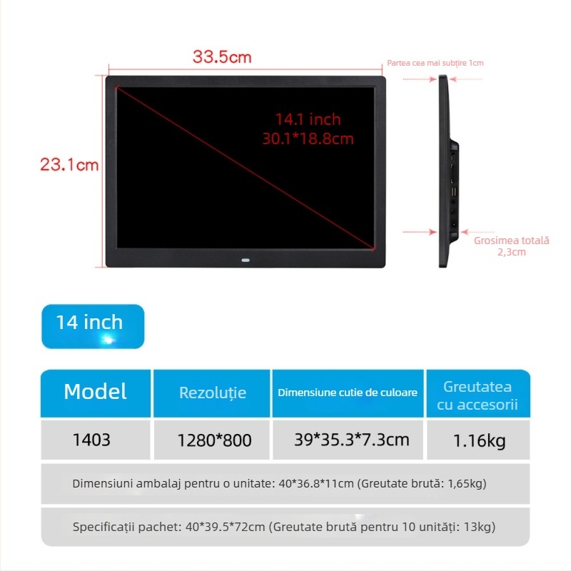 Ramă foto digitală pentru reclamă – 1024×600, LED HD LCD, redă muzică și video, SD/USB/TF, 16:9