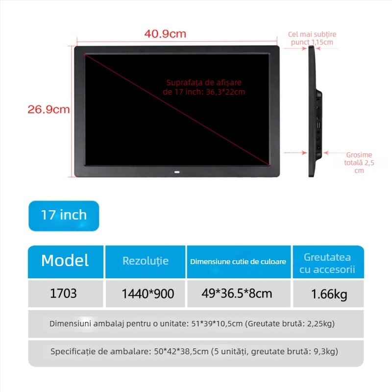 Ramă foto digitală pentru reclamă – 1024×600, LED HD LCD, redă muzică și video, SD/USB/TF, 16:9