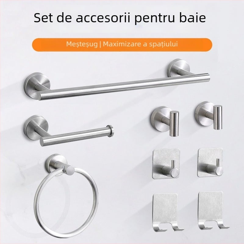Set baie din oțel inoxidabil: inel pentru prosoape, raft pentru prosoape, bară pentru prosoape și suport pentru hârtie igienică — Finisaj de suprafață: electroplacare, lacuire, profil cu fir; Stil: stil chinezesc nou; Kit: șase piese sau mai mult