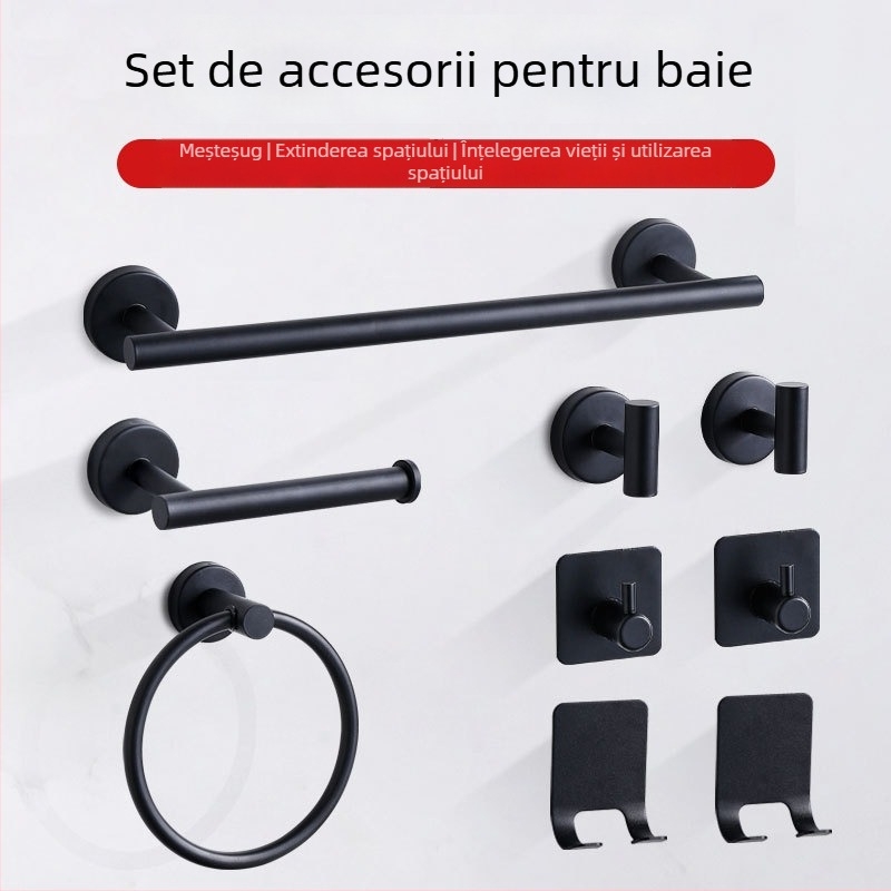 Set baie din oțel inoxidabil: inel pentru prosoape, raft pentru prosoape, bară pentru prosoape și suport pentru hârtie igienică — Finisaj de suprafață: electroplacare, lacuire, profil cu fir; Stil: stil chinezesc nou; Kit: șase piese sau mai mult