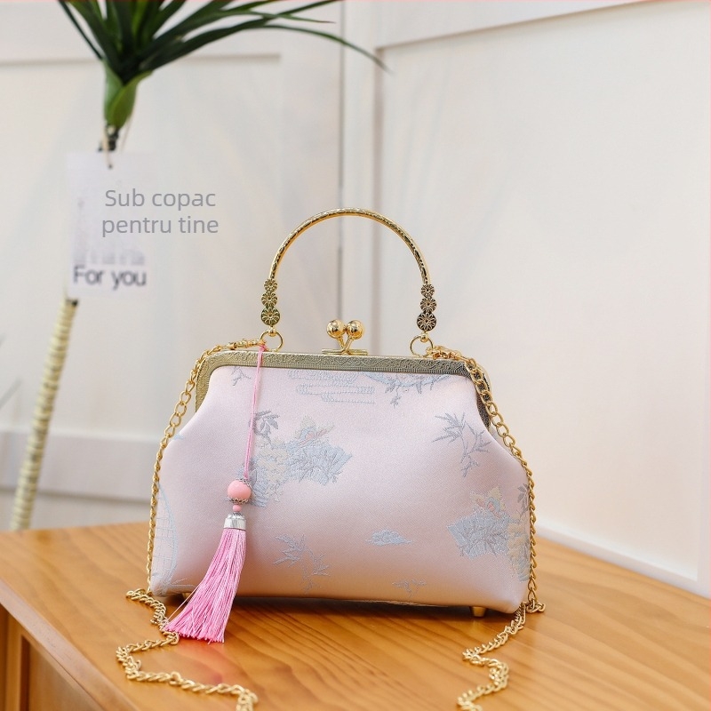 Geantă clutch în stil chinezesc - formă pătrată mică, închidere cu lacăt, buzunar secret cu fermoar, poliester