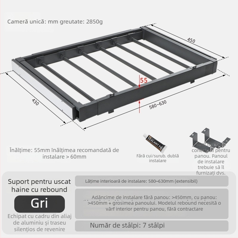 Raft de uscare pentru mașina de spălat cu suport ascuns pentru pantaloni — aliaj de aluminiu, modele rebound și buffer, pentru dulap sau spațiu de balcon, stil modern minimalist, finisaj oxidat