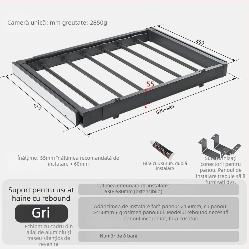 Raft de uscare pentru mașina de spălat cu suport ascuns pentru pantaloni — aliaj de aluminiu, modele rebound și buffer, pentru dulap sau spațiu de balcon, stil modern minimalist, finisaj oxidat