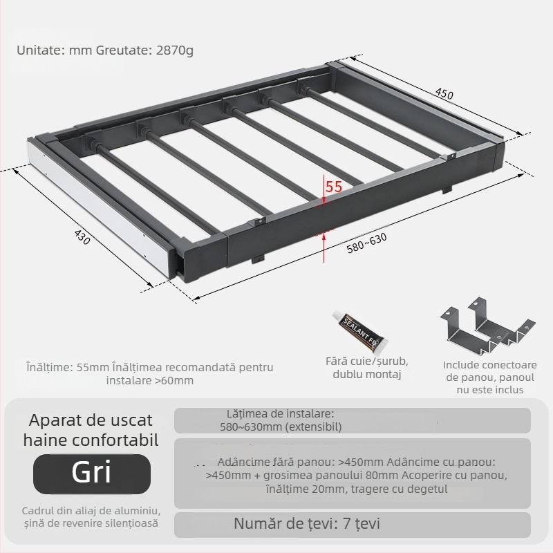 Raft de uscare pentru mașina de spălat cu suport ascuns pentru pantaloni — aliaj de aluminiu, modele rebound și buffer, pentru dulap sau spațiu de balcon, stil modern minimalist, finisaj oxidat