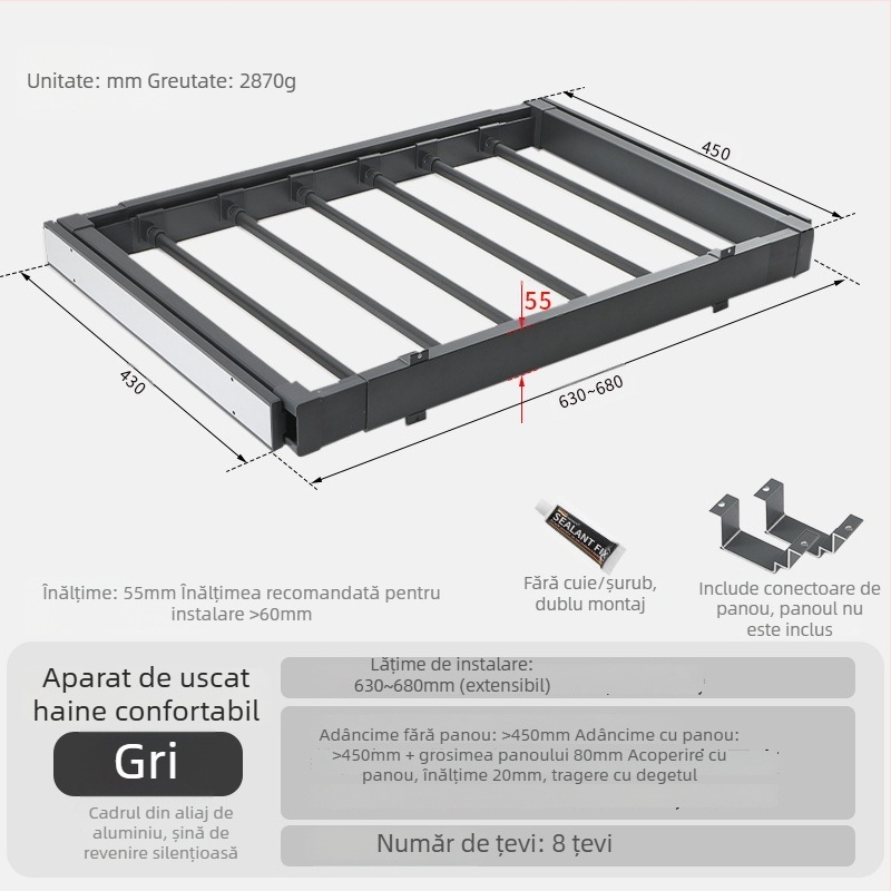 Raft de uscare pentru mașina de spălat cu suport ascuns pentru pantaloni — aliaj de aluminiu, modele rebound și buffer, pentru dulap sau spațiu de balcon, stil modern minimalist, finisaj oxidat