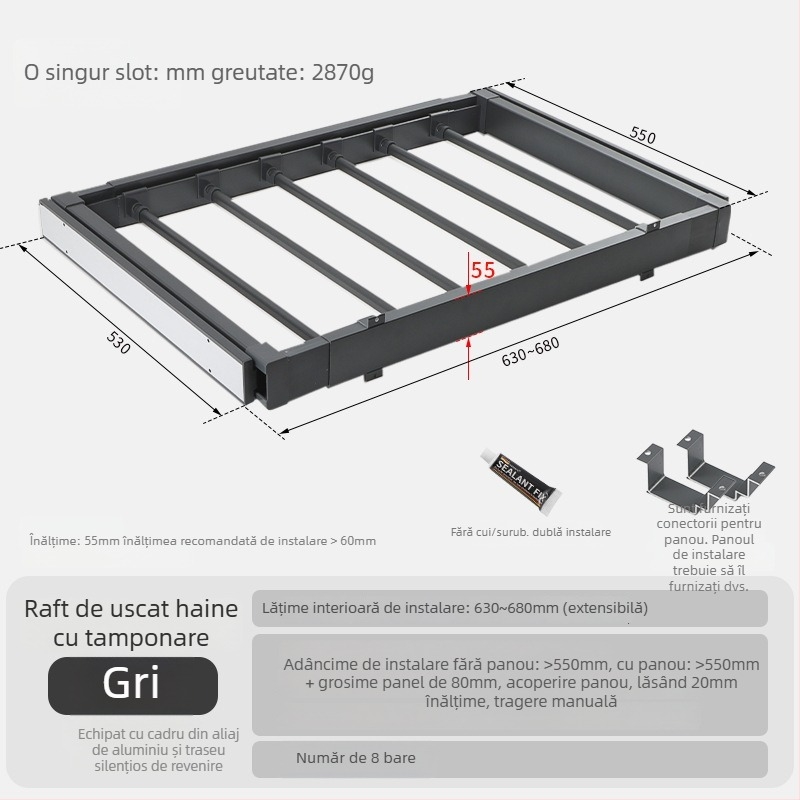 Raft de uscare pentru mașina de spălat cu suport ascuns pentru pantaloni — aliaj de aluminiu, modele rebound și buffer, pentru dulap sau spațiu de balcon, stil modern minimalist, finisaj oxidat