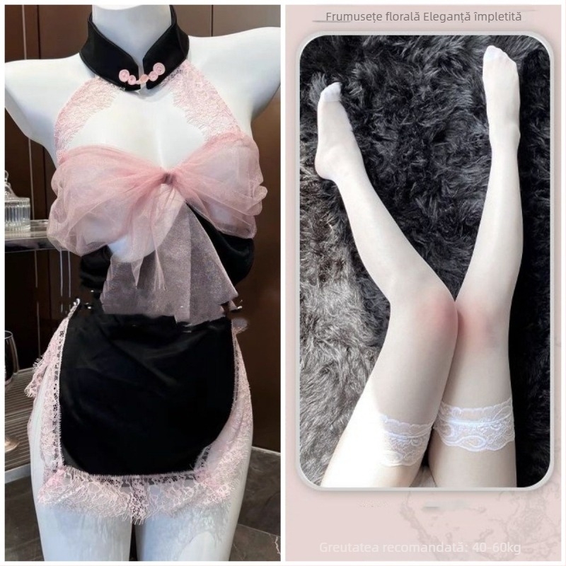 Set de pijama din dantelă pentru dormit, spate decupat cu funda, fără mâneci, mini fustă, poliester (90-95% poliester)