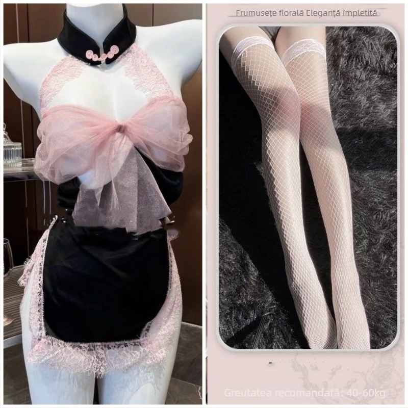 Set de pijama din dantelă pentru dormit, spate decupat cu funda, fără mâneci, mini fustă, poliester (90-95% poliester)