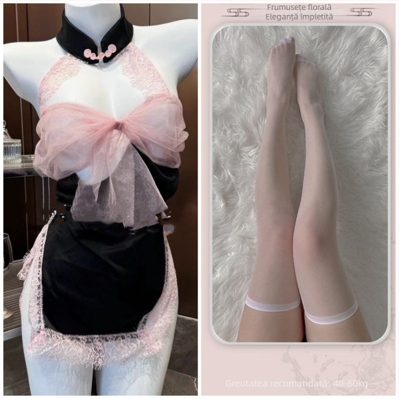 Set de pijama din dantelă pentru dormit, spate decupat cu funda, fără mâneci, mini fustă, poliester (90-95% poliester)