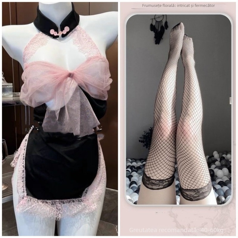 Set de pijama din dantelă pentru dormit, spate decupat cu funda, fără mâneci, mini fustă, poliester (90-95% poliester)