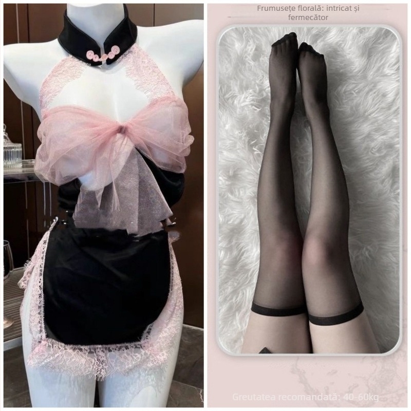 Set de pijama din dantelă pentru dormit, spate decupat cu funda, fără mâneci, mini fustă, poliester (90-95% poliester)