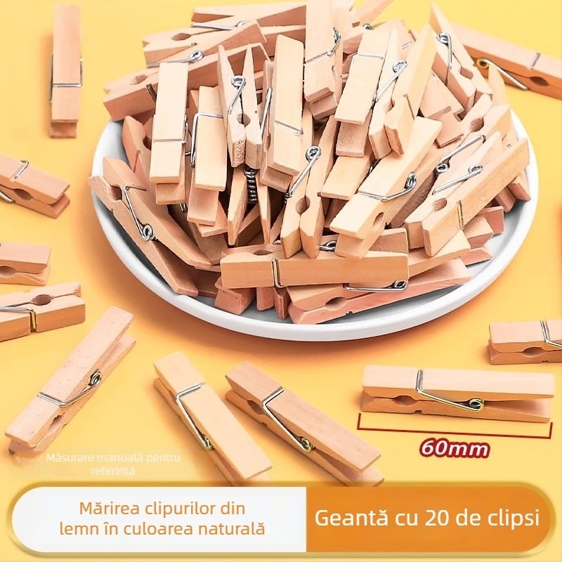 Clips din lemn pentru fotografii, dreptunghiulari, set de 100 bucăți, cu etichete din sfoară de cânepă