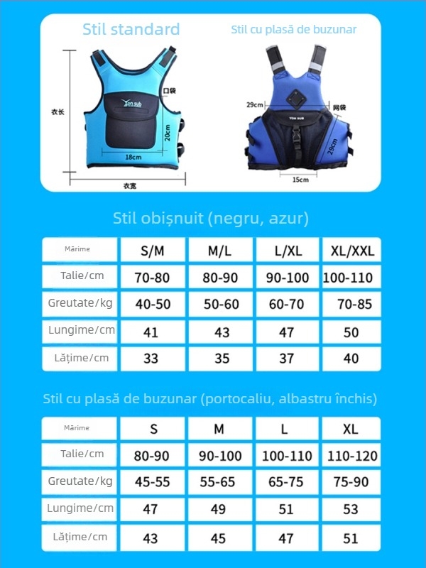 Vestă de salvare pentru adulți, pentru caiac, navigație și pescuit — Yon Sub, material EPE, buzunar mare cu clapetă