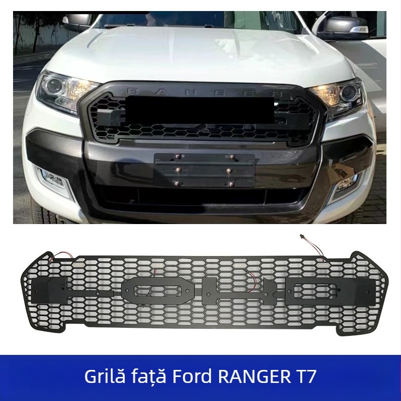 Grilă frontală Ford Ranger T7 cu LED, din ABS plastic, montaj ne-distructiv pe fața frontală, pentru anii 2015–2018.