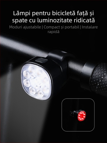 Set de lumini pentru bicicletă față și spate cu design impermeabil, încărcare tip C, LED de înaltă luminozitate pentru biciclete de munte și de șosea