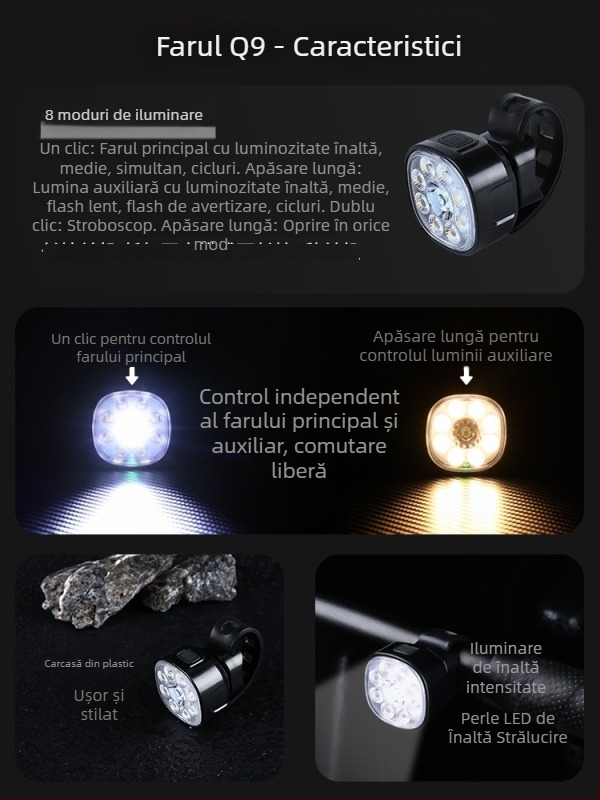 Set de lumini pentru bicicletă față și spate cu design impermeabil, încărcare tip C, LED de înaltă luminozitate pentru biciclete de munte și de șosea