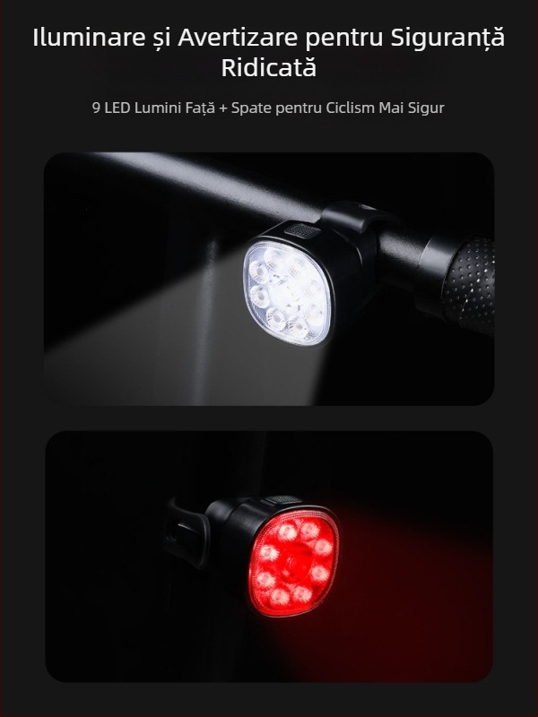 Set de lumini pentru bicicletă față și spate cu design impermeabil, încărcare tip C, LED de înaltă luminozitate pentru biciclete de munte și de șosea