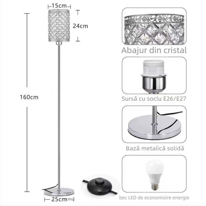 Lampă de podea cu LED, abajur din cristal, corp din fier, 110V, acoperire 5–10㎡