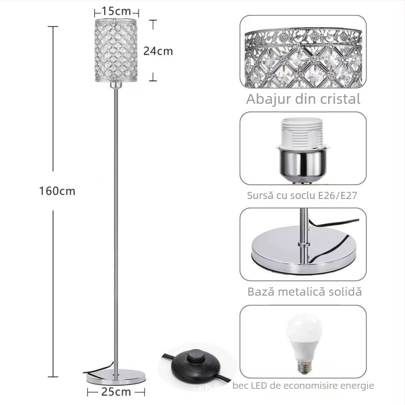 Lampă de podea cu LED, abajur din cristal, corp din fier, 110V, acoperire 5–10㎡