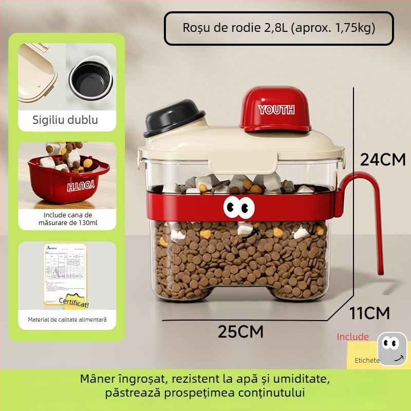 Container pentru hrană de animale de companie — sigilat, rezistent la umezeală, din plastic, 1600 ml, pentru pisici și câini