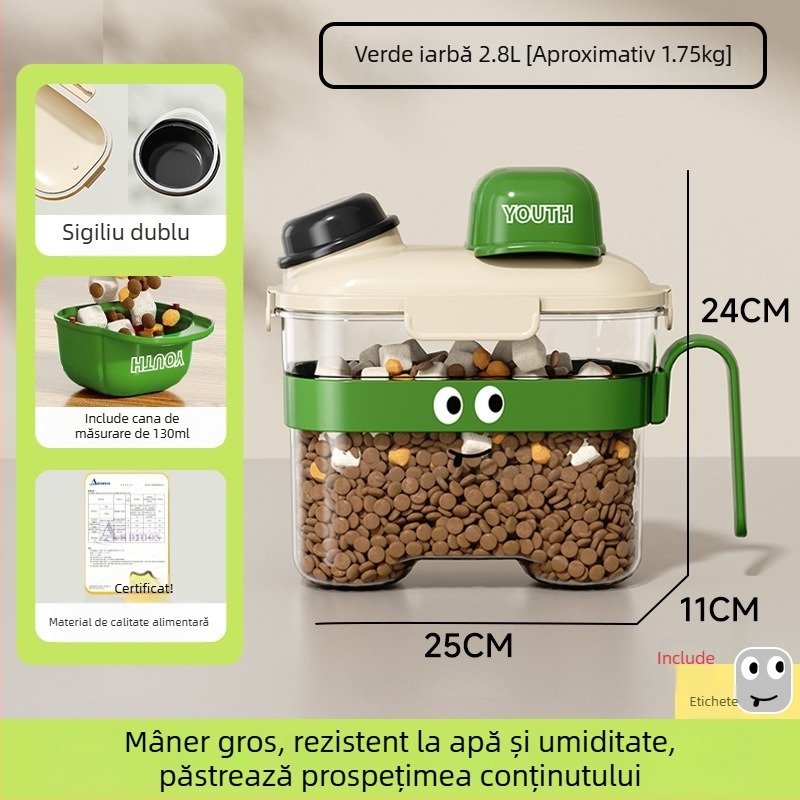 Container pentru hrană de animale de companie — sigilat, rezistent la umezeală, din plastic, 1600 ml, pentru pisici și câini