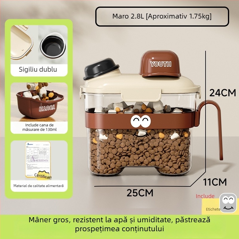 Container pentru hrană de animale de companie — sigilat, rezistent la umezeală, din plastic, 1600 ml, pentru pisici și câini
