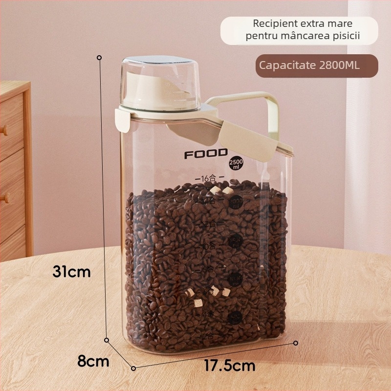 Container pentru hrană de animale de companie — sigilat, rezistent la umezeală, din plastic, 1600 ml, pentru pisici și câini