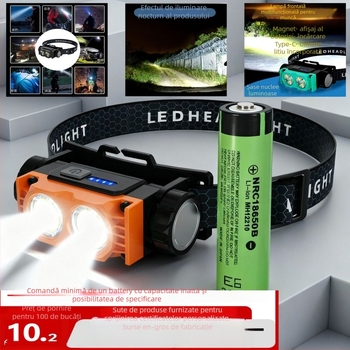Lampa frontală cu prindere magnetică pentru camping și pescuit nocturn, LED, baterie încorporată 1200 mAh, putere 10 W, raza 100–200 m, impermeabilă