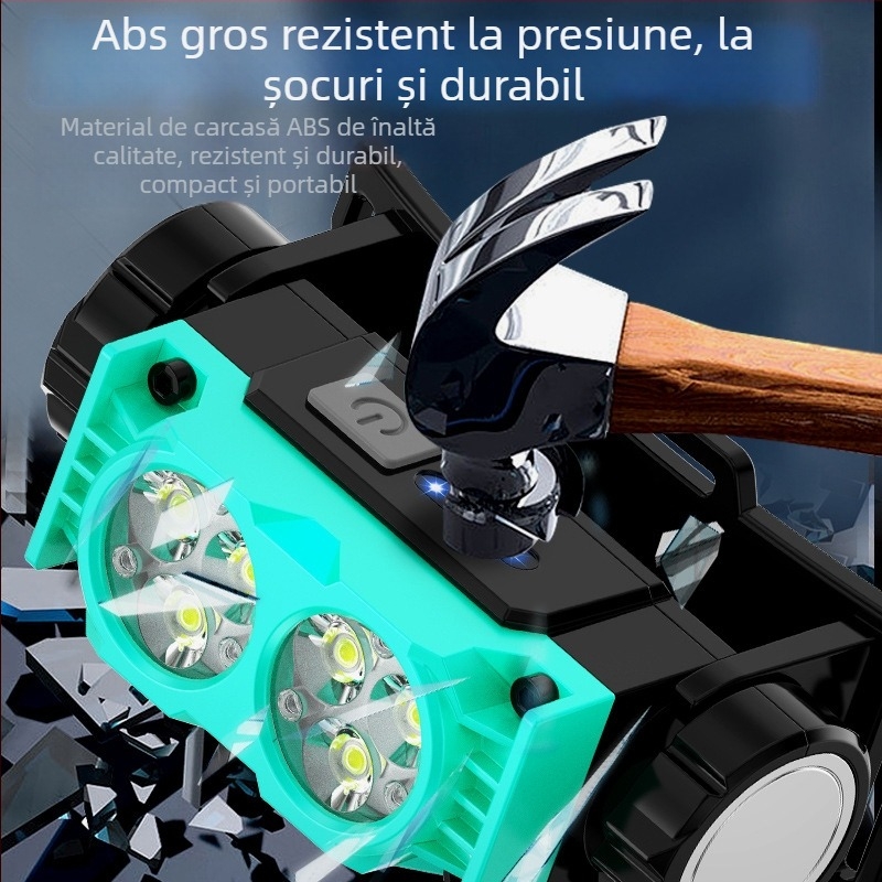 Lampa frontală cu prindere magnetică pentru camping și pescuit nocturn, LED, baterie încorporată 1200 mAh, putere 10 W, raza 100–200 m, impermeabilă