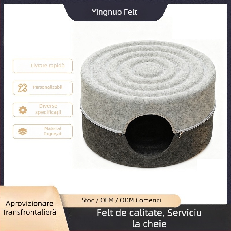 Cuib de pisici cu spațiu interior mare, din filc rezistent la zgârieturi, design circular semiînchis, lavabil, pentru interior toate anotimpurile, călduros